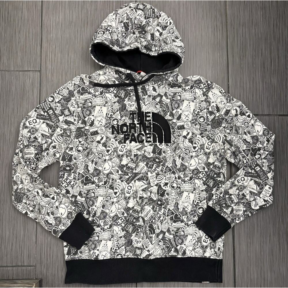 North Face Pullover Hoodie All-over Graphic Print Black/White Size Large
